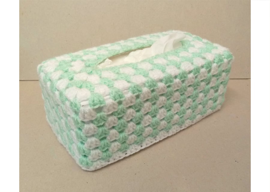 Tissue box cover in turquoise and white stripes, crochet tissue box holder