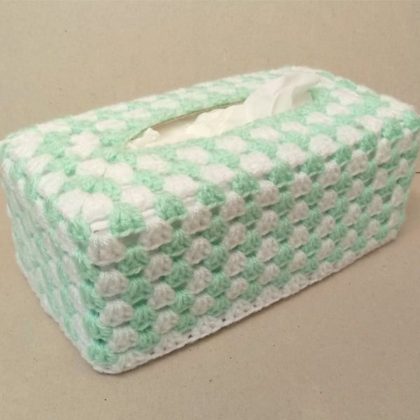 Tissue box cover in turquoise and white stripes, crocheted, handmade