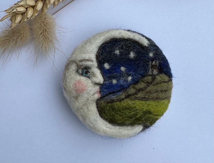 Needle felted moon and Glastonbury tor brooch