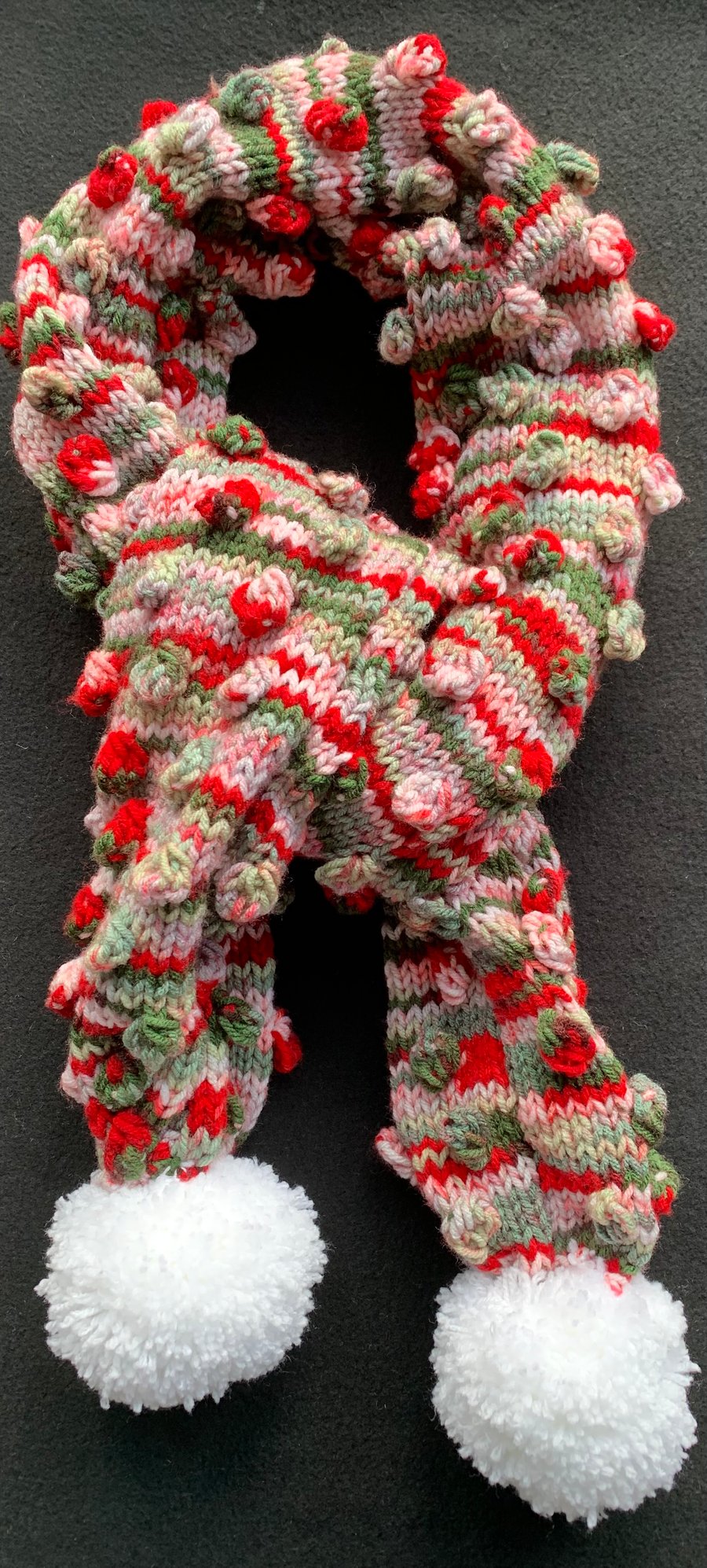 Hand Knitted Candy Canes and Snowballs Bobble Scarf