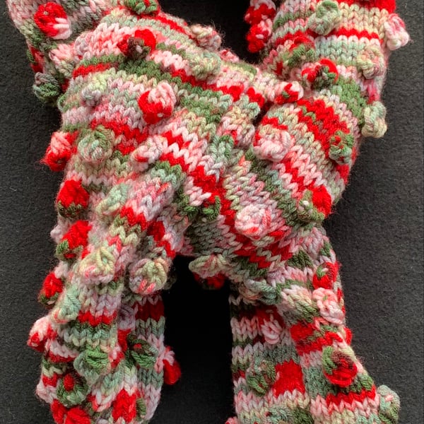 Hand Knitted Candy Canes and Snowballs Bobble Scarf