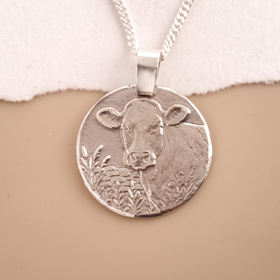 Cow Engraved Sterling Silver Coin Necklace
