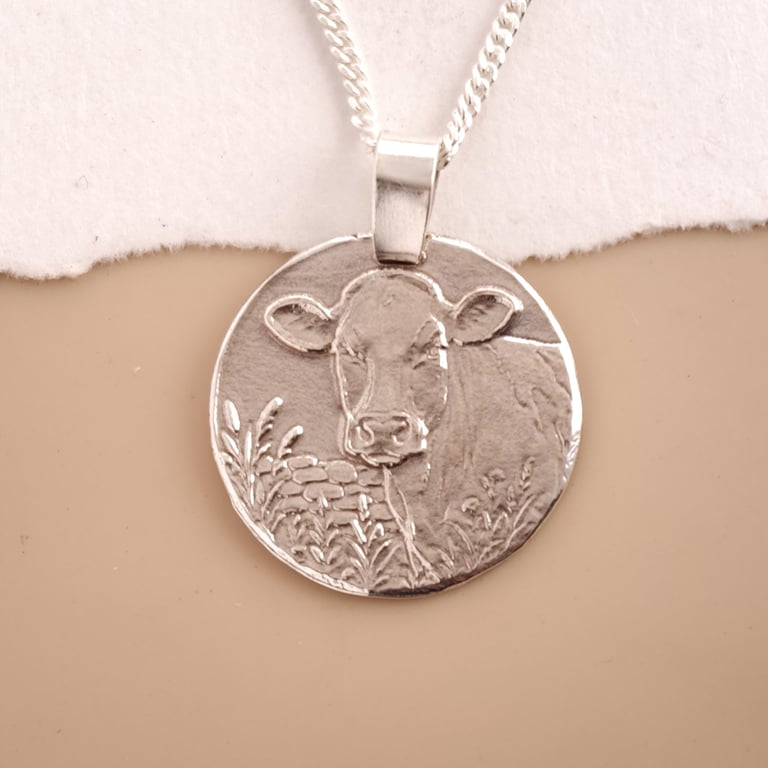 Cow Engraved Sterling Silver Coin Necklace