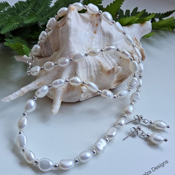 Designer Rice Keshi Culture Pearl Sterling Silver Necklace & Stud Earrings 