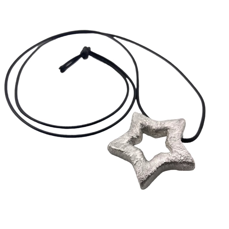 Silver star pendant - chunky, textured modern necklace 
