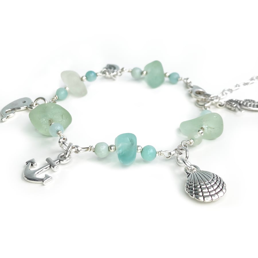 Green Sea Glass Charm Bracelet with Amazonite C... - Folksy