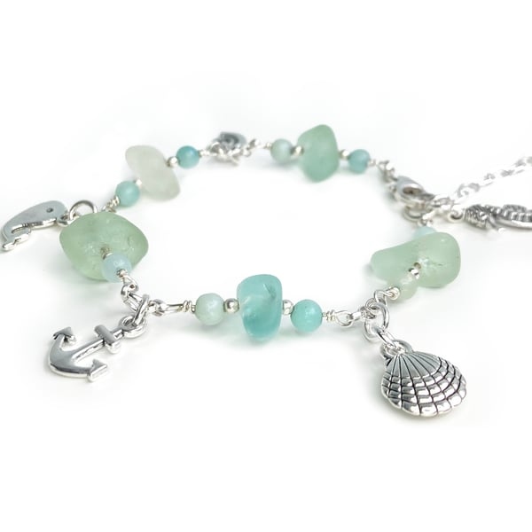 Green Sea Glass Charm Bracelet with Amazonite Crystal Beads & Seaside Charms.