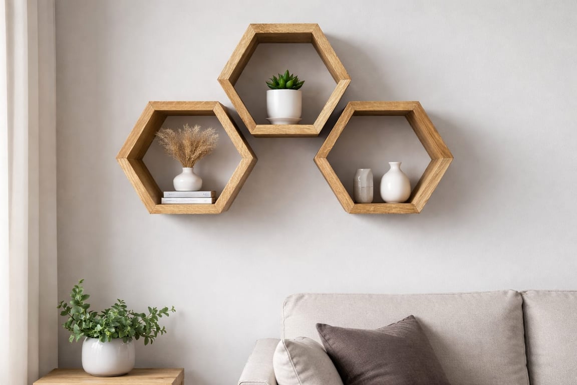 Oak Hexagon Wall Shelves Set of 3 - Floating Wooden Honeycomb Shelves