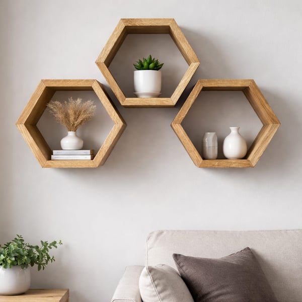 Oak Hexagon Wall Shelves Set of 3 - Floating Wooden Honeycomb Shelves