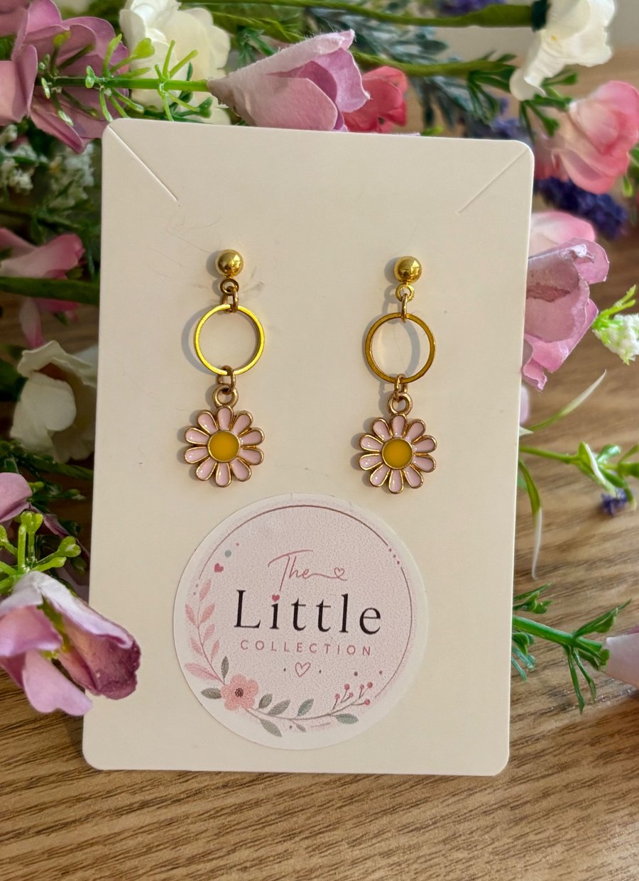 Pink Flower Dangle Earrings, Enamel Floral Charms, Handmade Jewellery