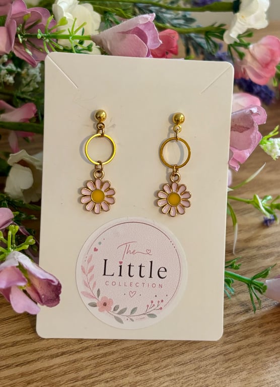 Pink Flower Dangle Earrings, Enamel Floral Charms, Handmade Jewellery