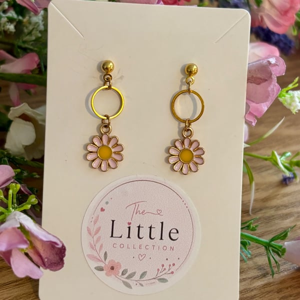 Pink Flower Dangle Earrings, Enamel Floral Charms, Handmade Jewellery