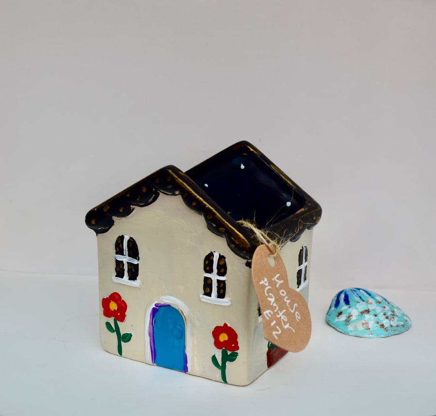 Seaside Cottage – Hand Painted Ceramic House Planter – Coastal Home Decor