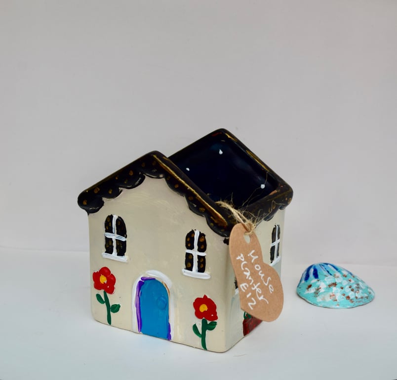 Seaside Cottage – Hand Painted Ceramic House Planter – Coastal Home Decor