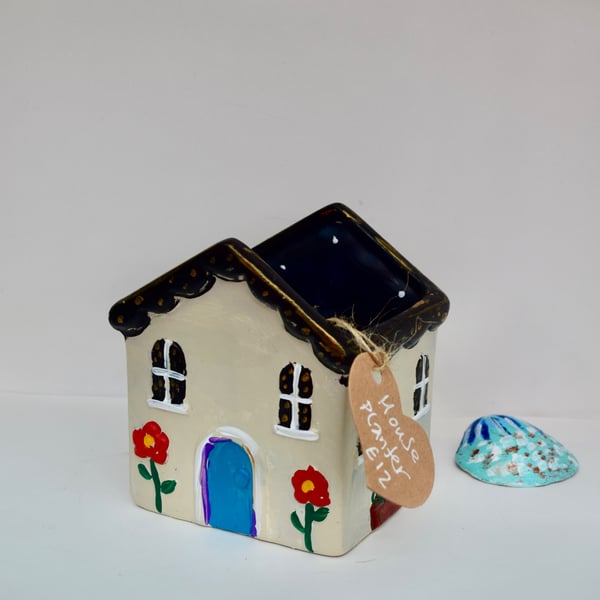 Seaside Cottage – Hand Painted Ceramic House Planter – Coastal Home Decor