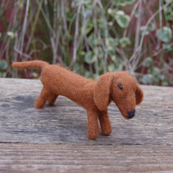 Needle felt wool  dog,  based on a Dachshund, brown