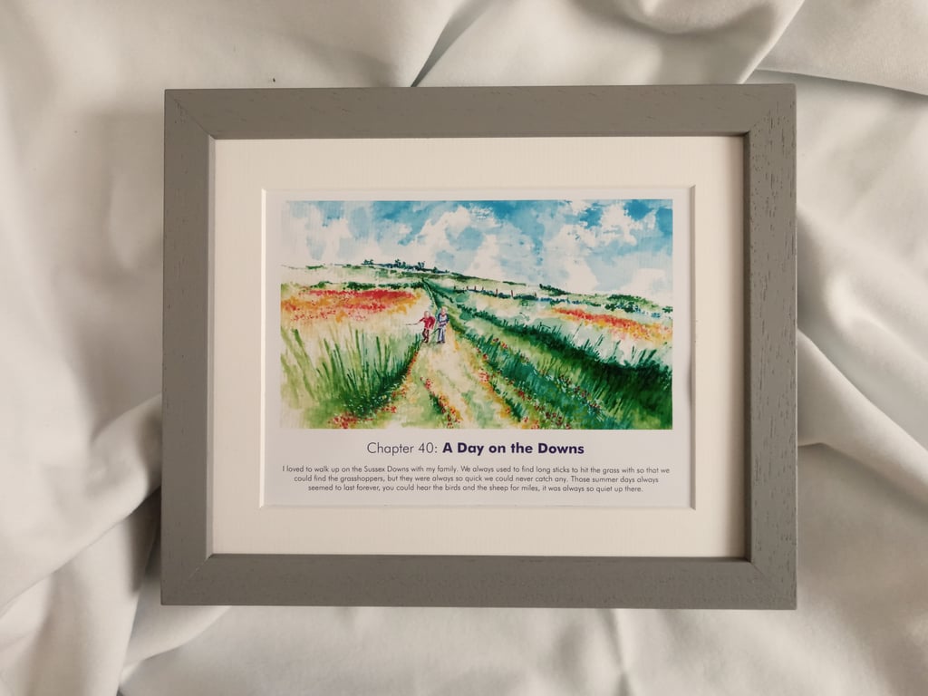 watercolour print of children on the southdowns sussex