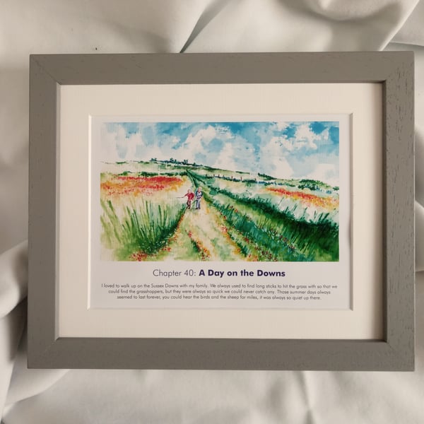 watercolour print of children on the southdowns sussex