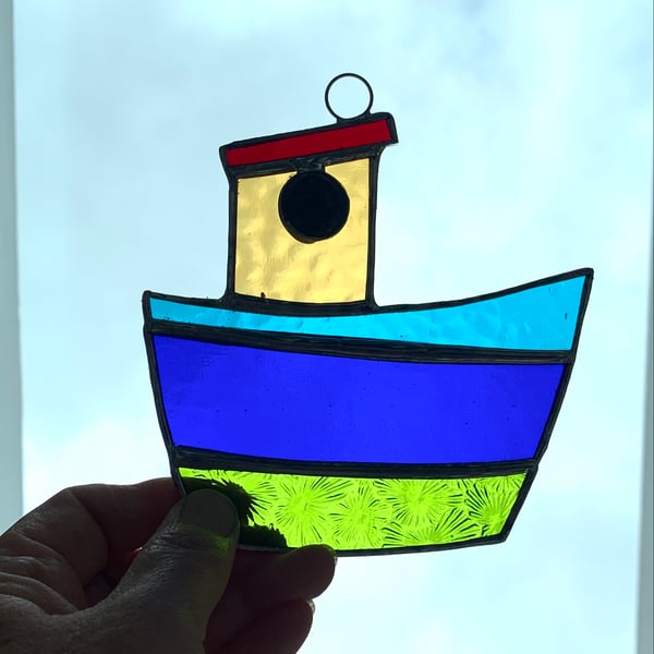 Stained Glass Tug Boat Suncatcher - Handmade Window Decoration -Turq Blue Lime