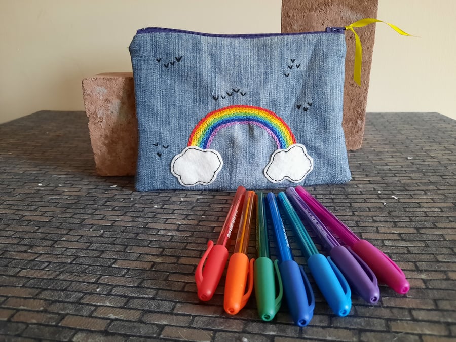 Rainbow Pencil Case - running stitch cloud