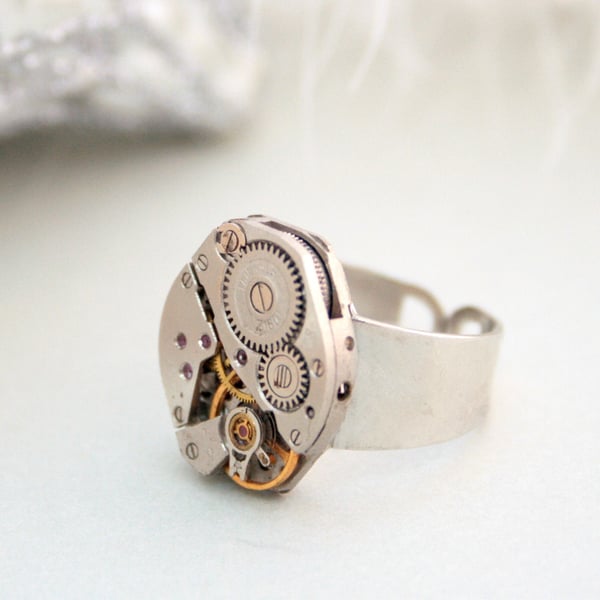 Steampunk Signet Ring for Men, Statement Jewelry made of Watch Mechanism