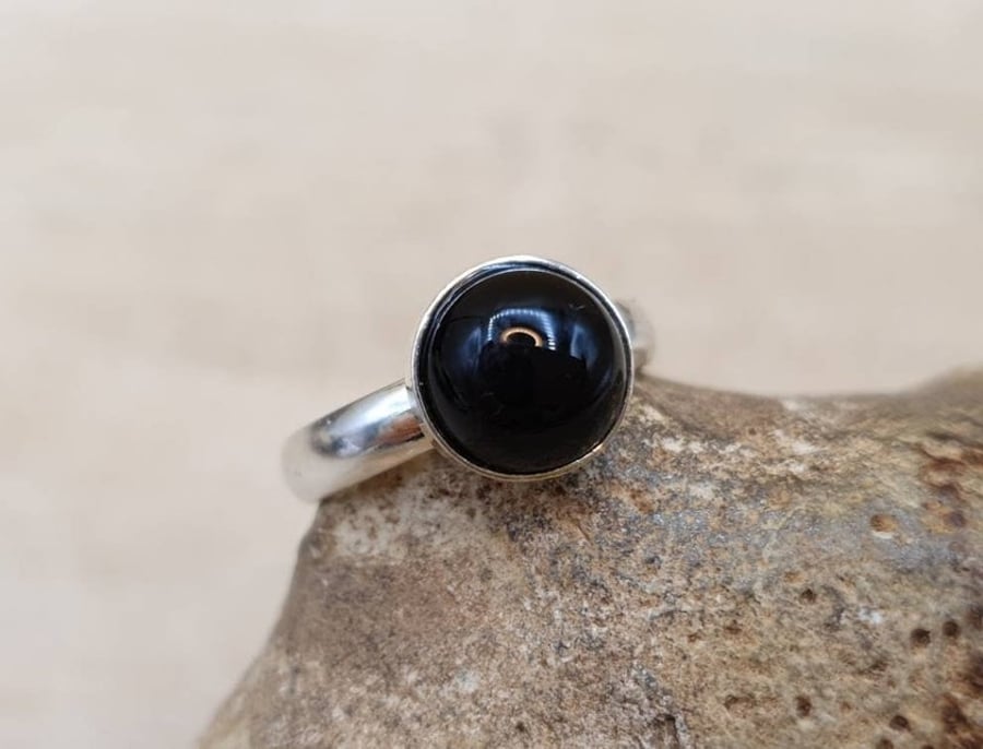 Minimalist Black Onyx ring. Adjustable 925 sterling silver rings for women
