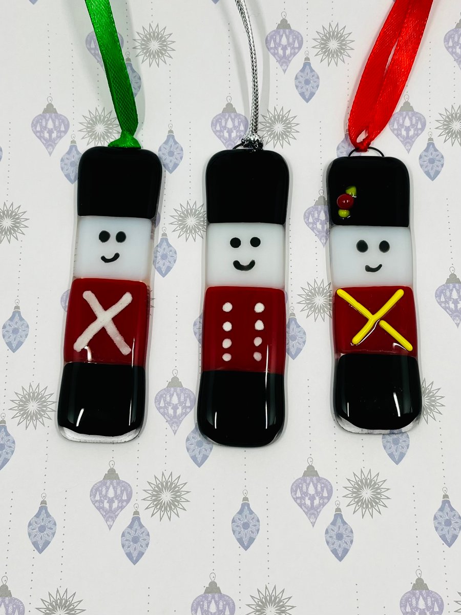 Three Handmade Fused Glass Soldier Hanging Christmas Decorations