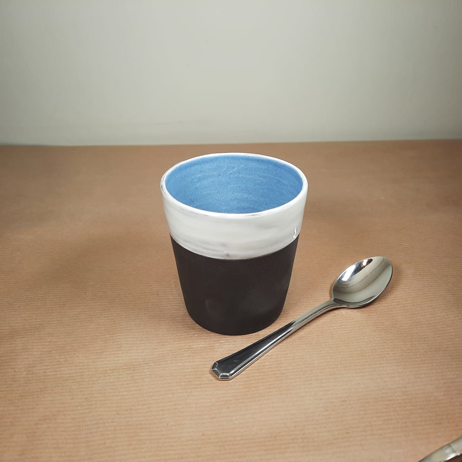8oz Blue and white stoneware ceramic coffee cup