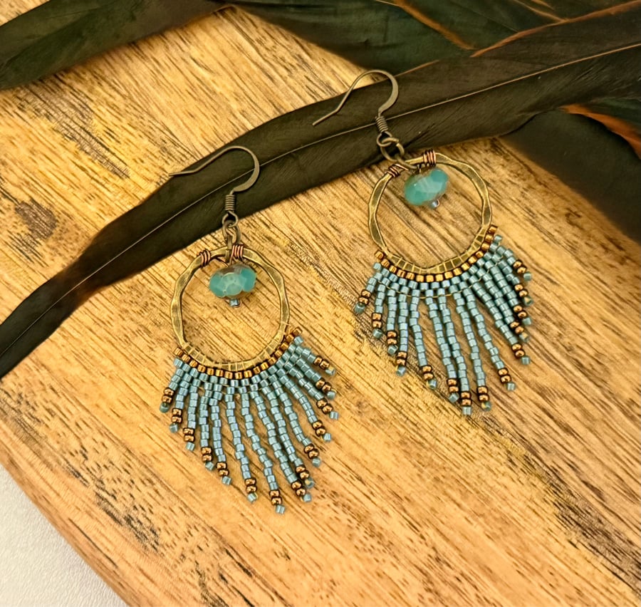 Bohemian beaded hoop fringe earrings in blue and bronze