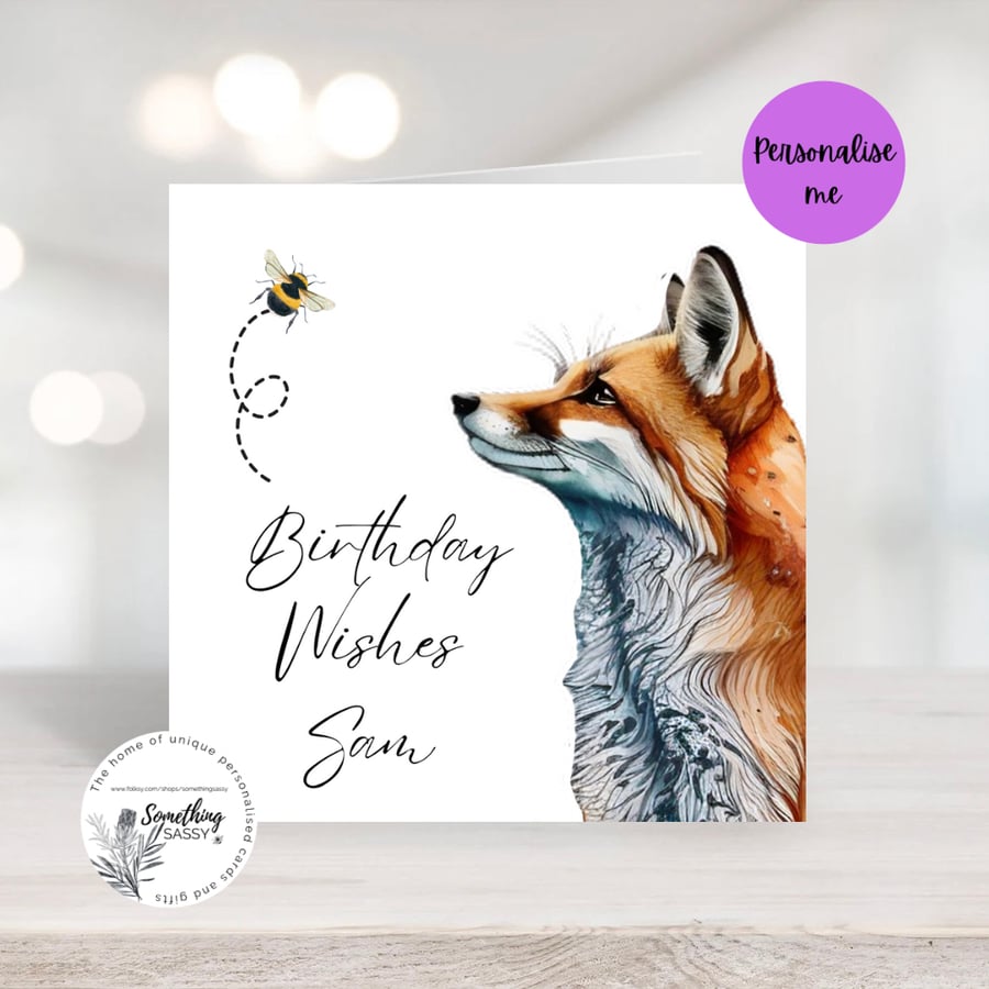 Personalised Watercolour Fox and Bee Greeting card personalised for any occasion