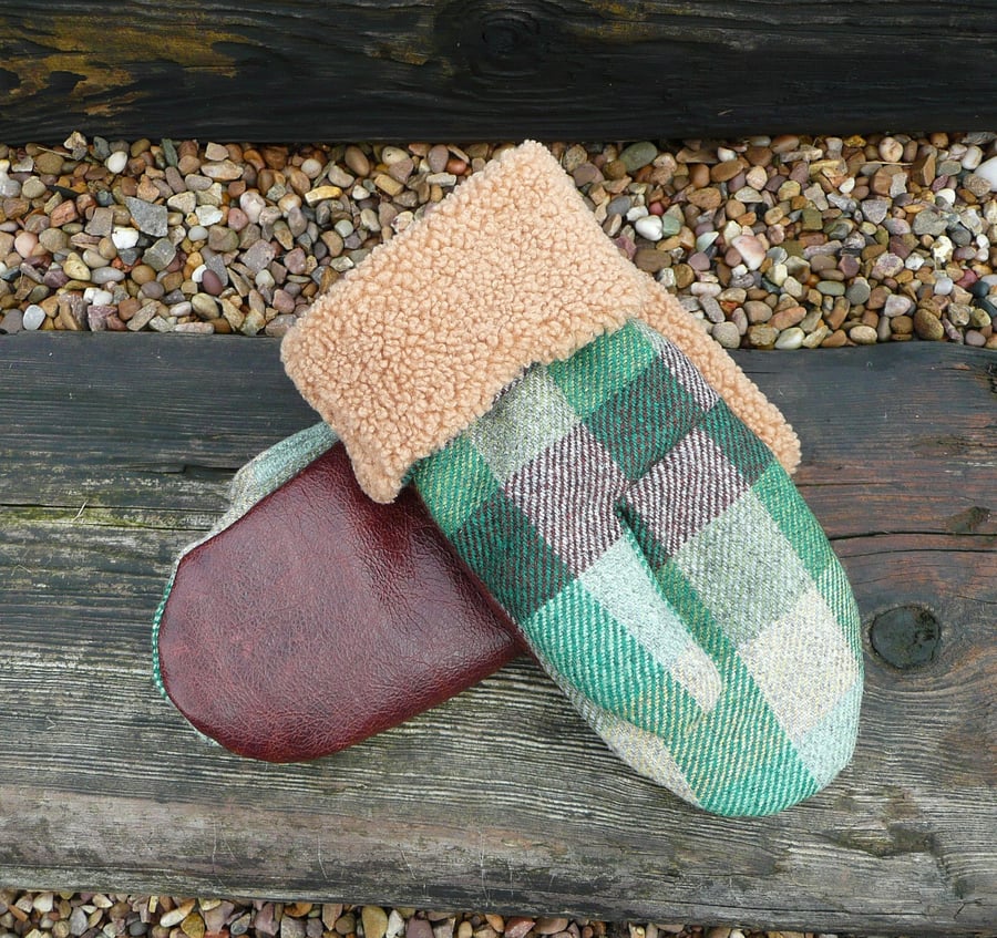 Green and brown british wool tweed and leather ladies mittens teddy fleece 