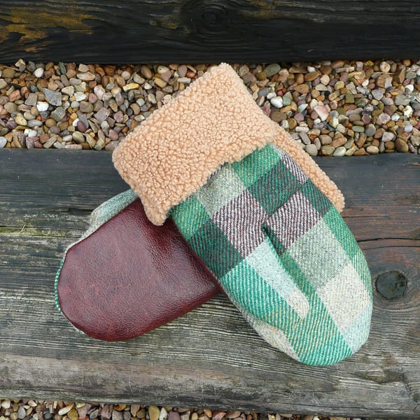 Green and brown british wool tweed and leather ladies mittens teddy fleece 