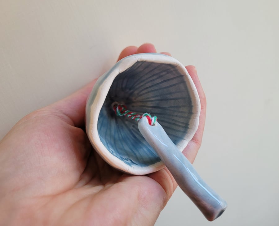 Ceramic grey mushroom bell hanging Christmas decoration, toadstool winter gift