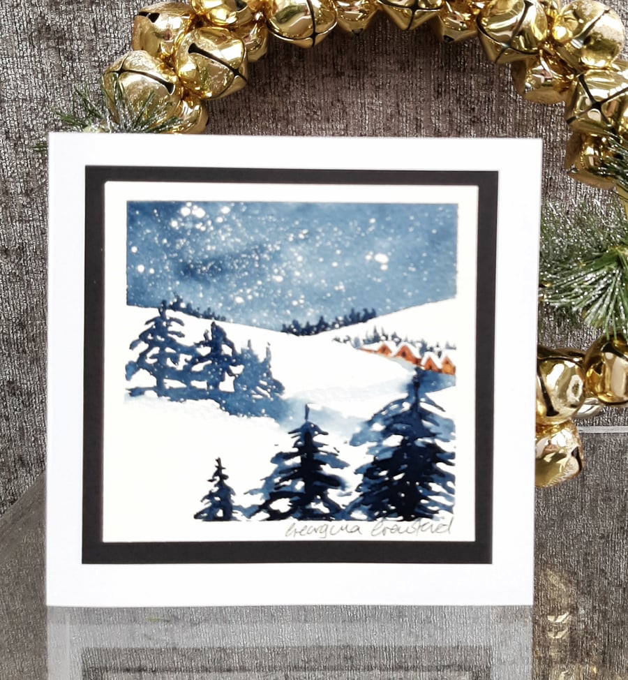 Blank Christmas Handmade Card. Snowy Fir Trees. Handpainted Card Keepsake