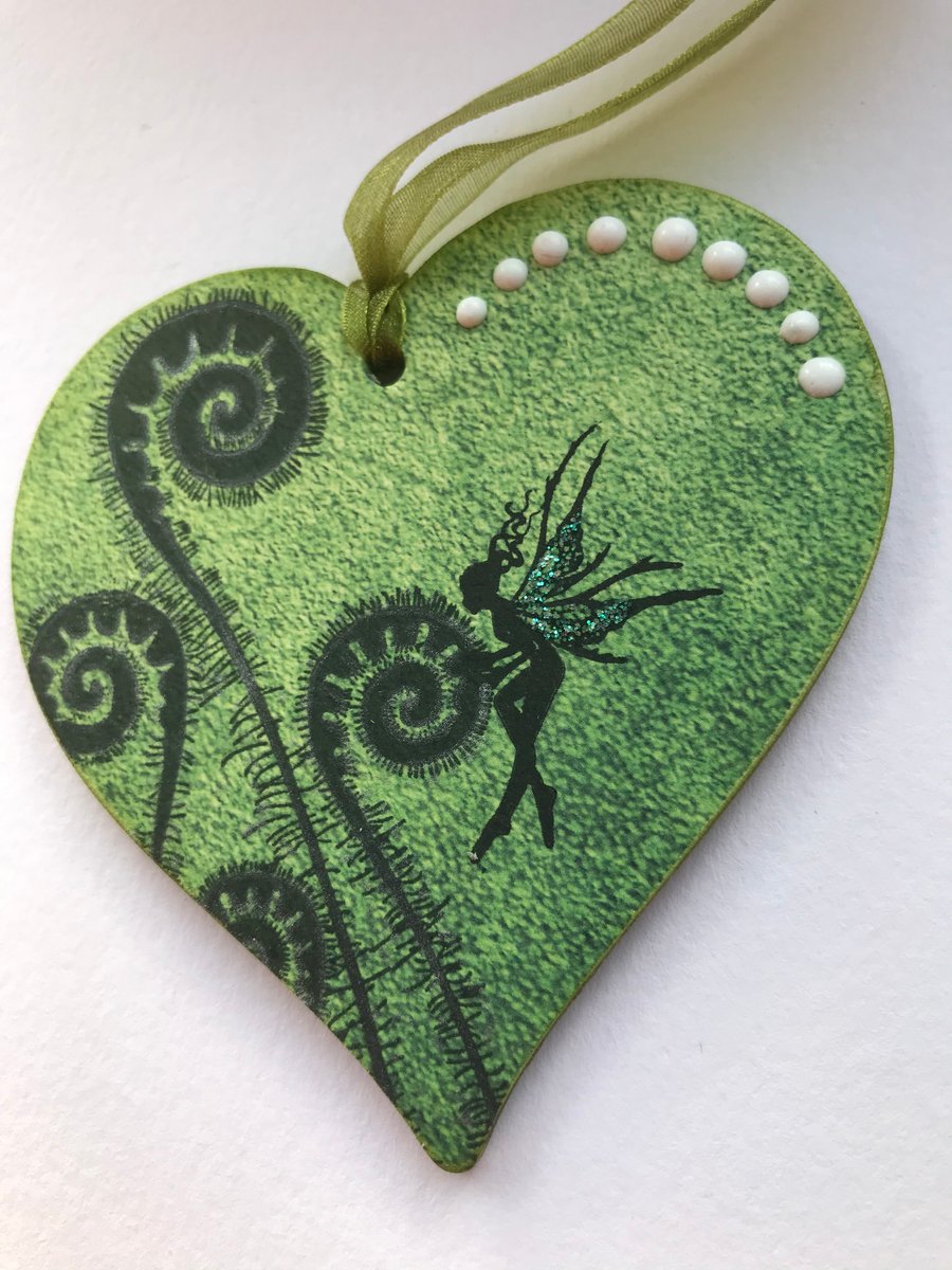 Wooden Hanging Heart - Forest Fern and Fairy