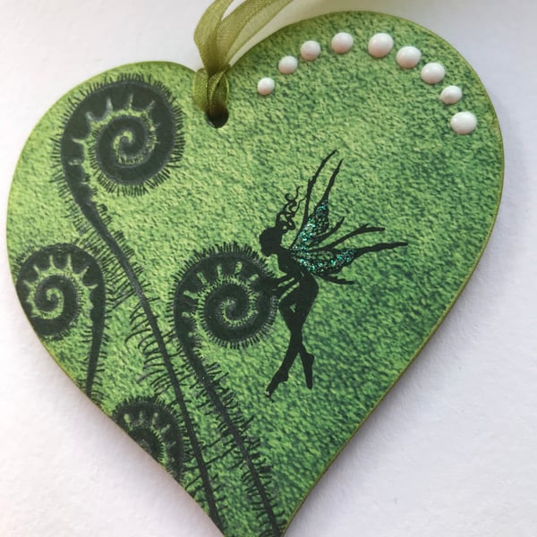 Wooden Hanging Heart - Forest Fern and Fairy