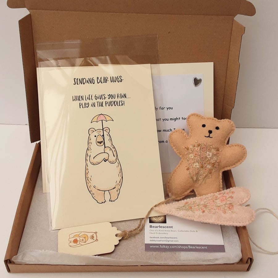 Letterbox Gift, Sending Bear Hugs postal box gift, hand embroidered teddy bear 