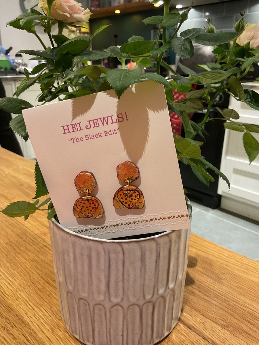 Glossy gold,grey and red heart dangle earrings 