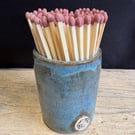 Glazed stoneware match pot with matches - stoned denim