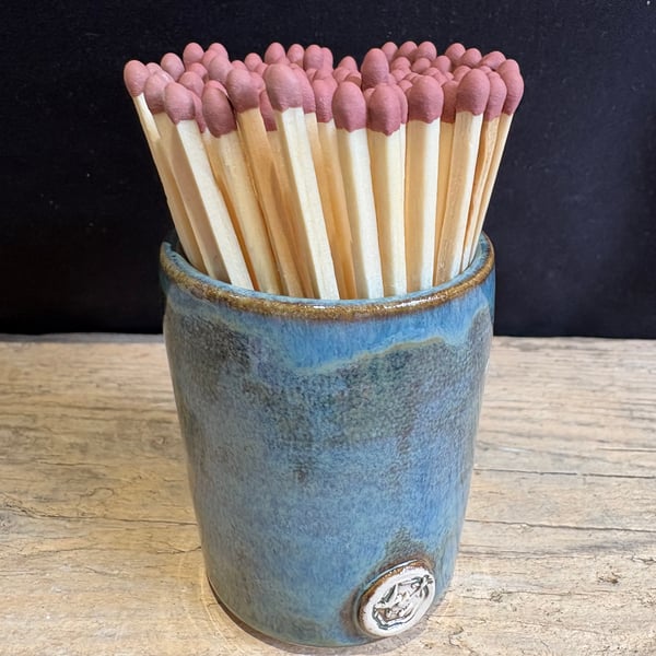 Glazed stoneware match pot with matches - stoned denim