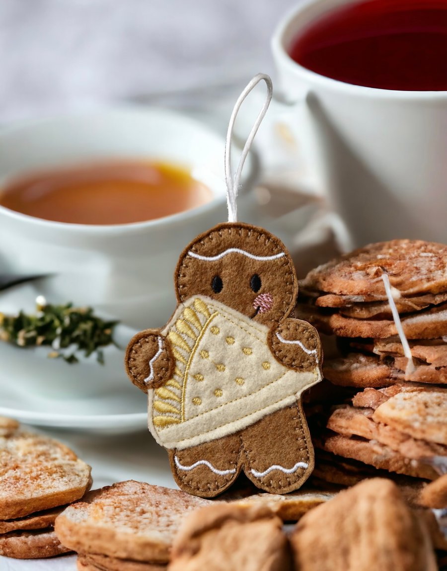 Gingerbread person holding a shortbread biscuit Embroidered Hanging Keepsake 