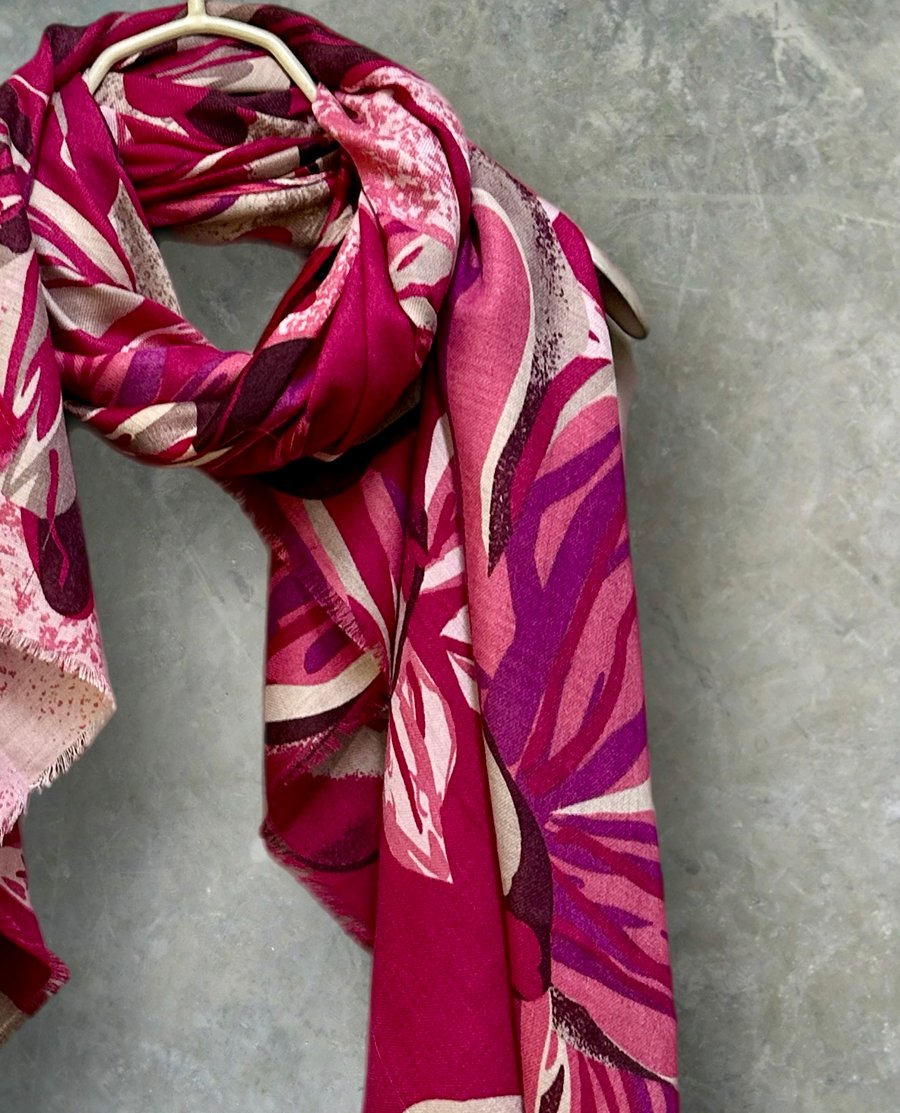 Pink Scarf Featuring Geometric Large Flowers Cotton Blend Scarf for Women.