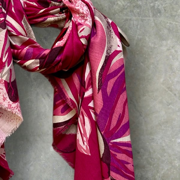 Pink Scarf Featuring Geometric Large Flowers Cotton Blend Scarf for Women.