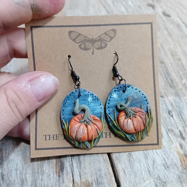 Clearance polymer clay earrings pumpkin, hand painted Halloween last few