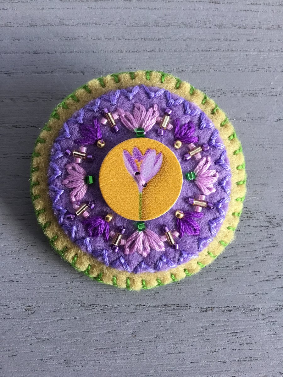 Hand Embroidered Crocus Flower Brooch