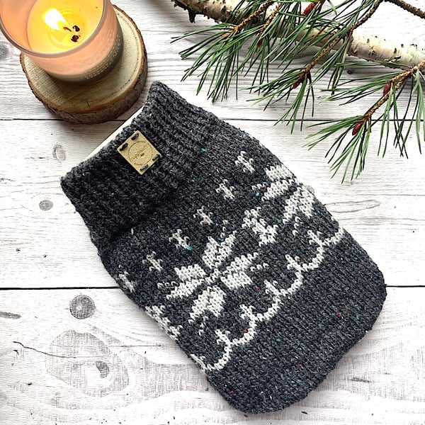 Hot water bottle cover small mini recycled sustainable gifts Christmas snowflake