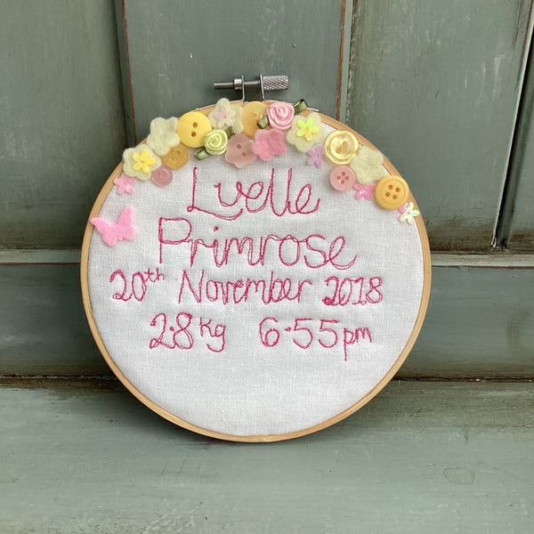 Handmade personalised embroidered birthday hoop