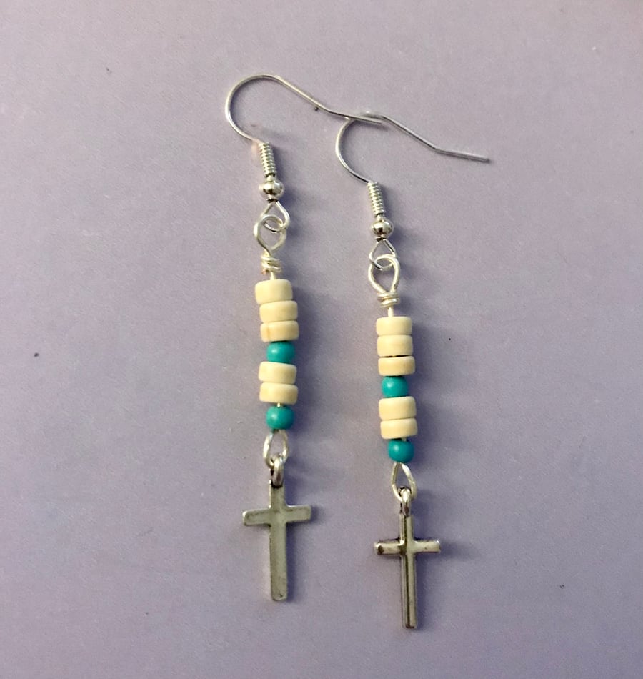 Cross earrings, Semi Precious Turquoise Beads on Silver Plate, Freepost