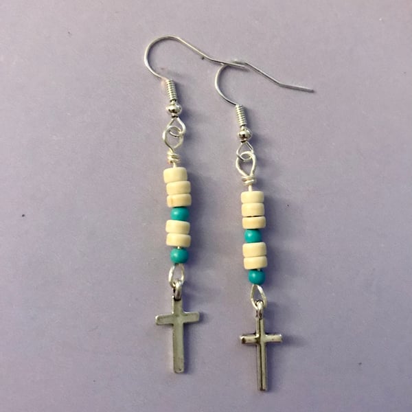 Cross earrings, Semi Precious Turquoise Beads on Silver Plate, Freepost