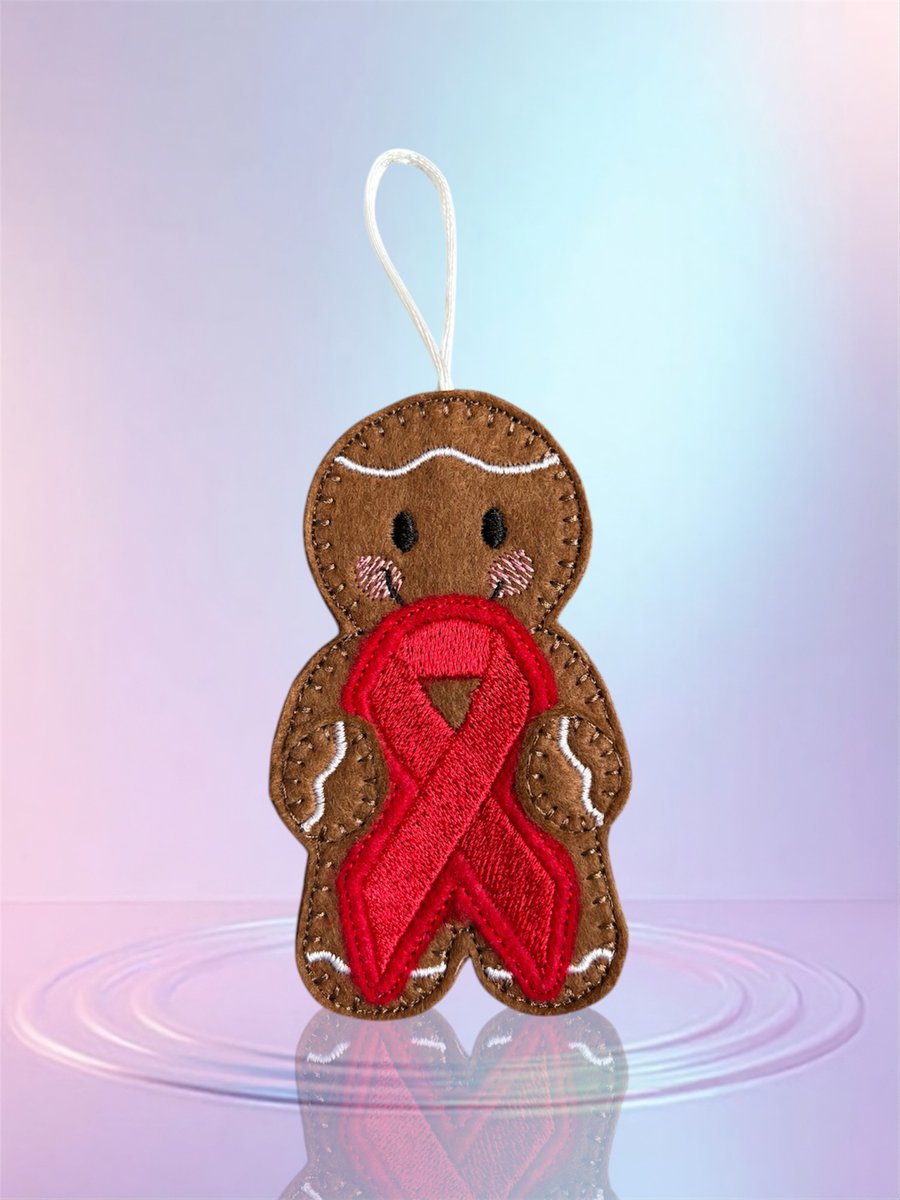 Stroke victim awareness ribbon Gingerbread person Embroidered Hanging Keepsake